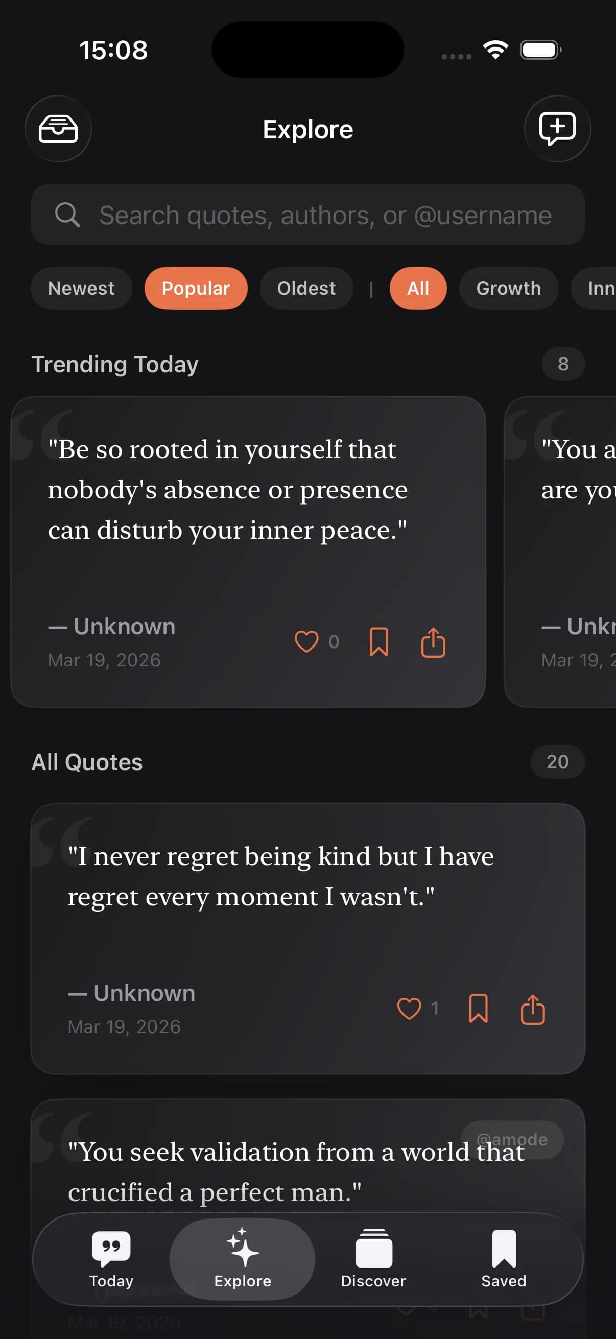 Stuck app — dark mode explore screen