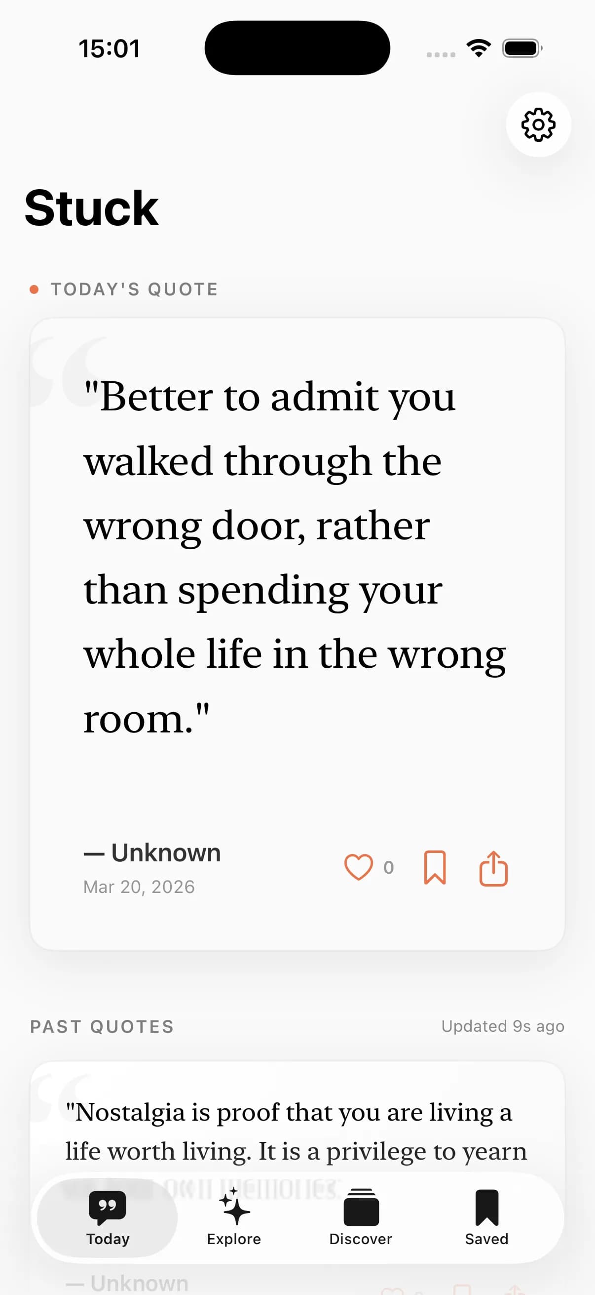 Stuck app — today's quote screen